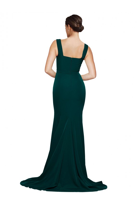 Cheap Fitted Square Neck Long Crepe Bridesmaid Dress / Prom Dress with Train and Side Split UK