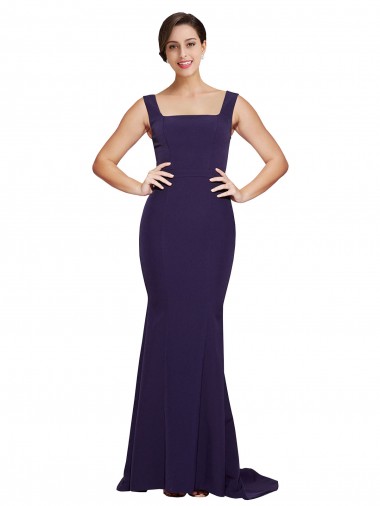 Cheap Square Neck Long Sweep Train Crepe Bridesmaid Dress / Prom Dress with Thick Straps UK