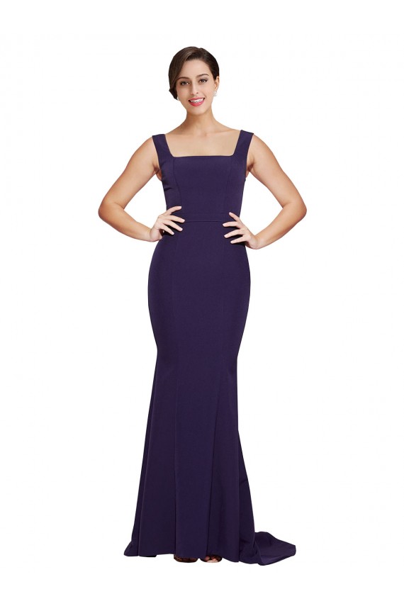 Cheap Square Neck Long Sweep Train Crepe Bridesmaid Dress / Prom Dress with Thick Straps UK