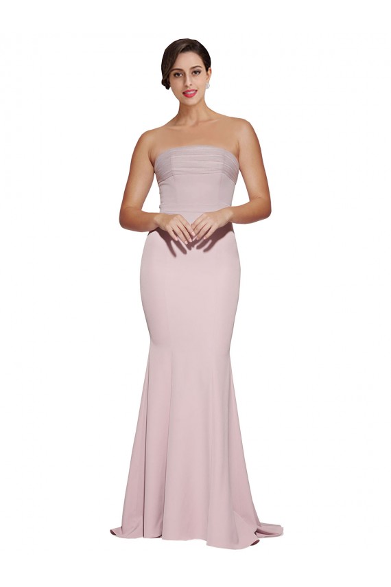 Cheap Straight Neck Long Strapless Formal Crepe Bridesmaid Dress / Prom Dress with Soft Tulle Overlay and Small Train UK