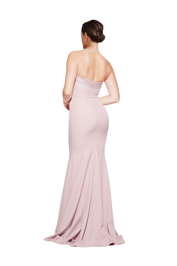 Cheap Straight Neck Long Strapless Formal Crepe Bridesmaid Dress / Prom Dress with Soft Tulle Overlay and Small Train UK