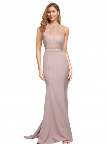 Cheap Long Sweetheart Formal Crepe Bridesmaid Dress / Prom Dress with High Neck Illusion Tulle Details UK