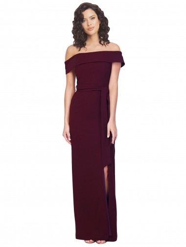 Cheap Fitted Full Length Off the Shoulder Formal Crepe Bridesmaid Dress / Prom Dress with Side Split and Waist Tie UK