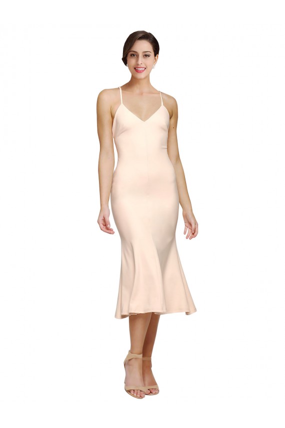 Cheap Midi Cocktail Length V-Neckline Crepe Bridesmaid Dress / Prom Dress with Thin Straps and Fulted Skirt UK