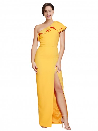 Cheap One Shoulder Floor Length Formal Crepe Bridesmaid Dress / Prom Dress with Thigh High Split UK
