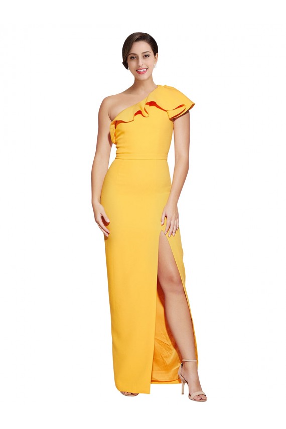 Cheap One Shoulder Floor Length Formal Crepe Bridesmaid Dress / Prom Dress with Thigh High Split UK