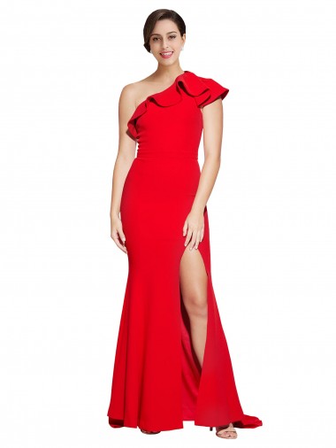 Cheap One Shoulder Long Sweep Train Crepe Bridesmaid Dress / Prom Dress with Thigh High Split UK