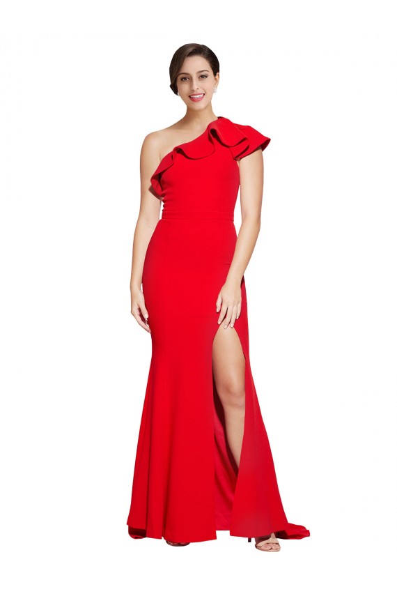 Cheap One Shoulder Long Sweep Train Crepe Bridesmaid Dress / Prom Dress with Thigh High Split UK