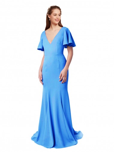 Cheap Short Sleeves Long V-Neck Crepe Bridesmaid Dress / Prom Dress with V-Back UK