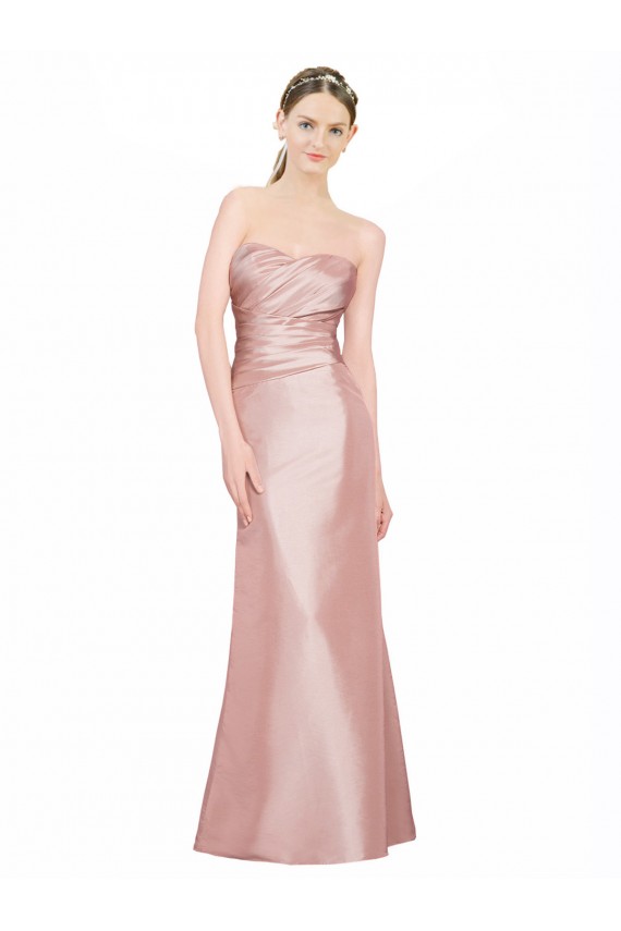 Cheap Long Strapless Formal Stretch Satin Bridesmaid Dress / Prom Dress with Pleats and Low Back UK