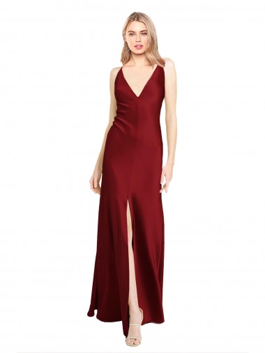 Cheap Floor Length Deep V-Back Formal Stretch Satin Bridesmaid Dress / Prom Dress with Front Slit UK