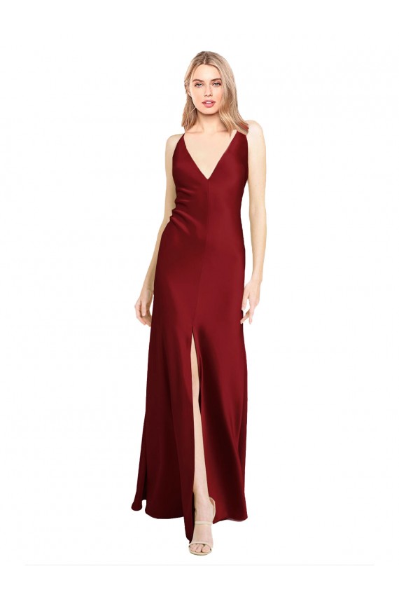 Cheap Floor Length Deep V-Back Formal Stretch Satin Bridesmaid Dress / Prom Dress with Front Slit UK