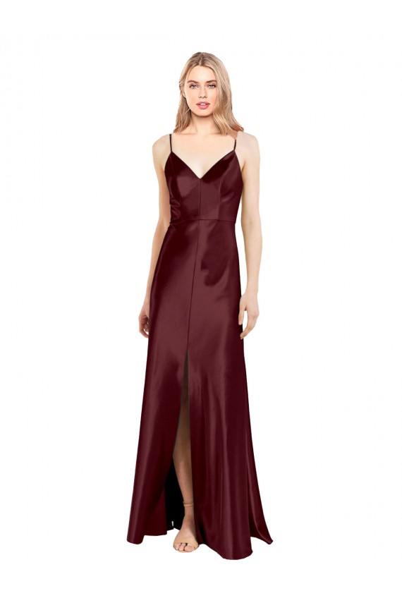 Cheap Sleek Spaghetti Straps V-Neck Formal Stretch Satin Bridesmaid Dress / Prom Dress with Center Front Slit UK