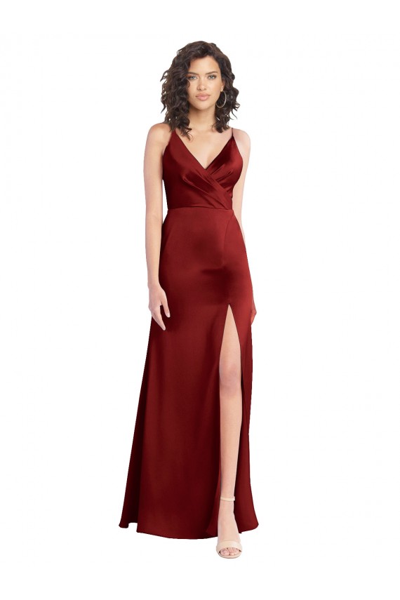 Cheap Faux Surplice Neckline Long Slim A-Line Formal Stretch Satin Bridesmaid Dress / Prom Dress UK