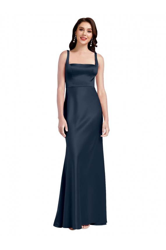 Cheap Square Neck A-Line Long Formal Stretch Satin Bridesmaid Dress / Prom Dress with Wide Straps UK