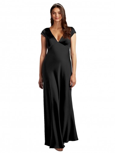 Cheap Plunging V-Neck Cap Cleeves Long Formal Stretch Satin Bridesmaid Dress / Prom Dress with Keyhole Back UK