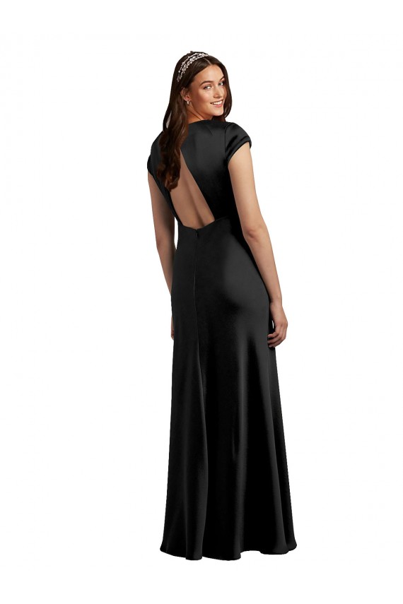 Cheap Plunging V-Neck Cap Cleeves Long Formal Stretch Satin Bridesmaid Dress / Prom Dress with Keyhole Back UK