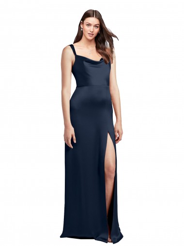 Cheap Cowl Neck Soft Long Formal Stretch Satin Bridesmaid Dress / Prom Dress with Side Slit and Pleated Straps UK