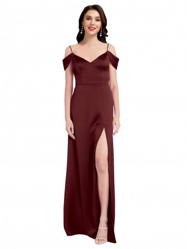 Cheap Draped Off the Shoulder Sleeves Slim A-Line Formal Stretch Satin Bridesmaid Dress / Prom Dress with Side Slit UK