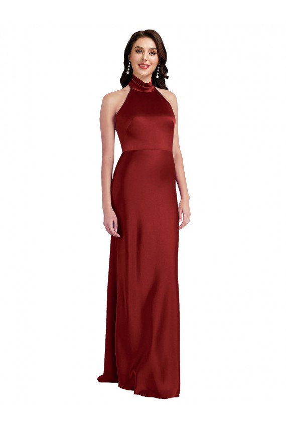 Cheap Backless Halter Long Formal Stretch Satin Bridesmaid Dress / Prom Dress UK