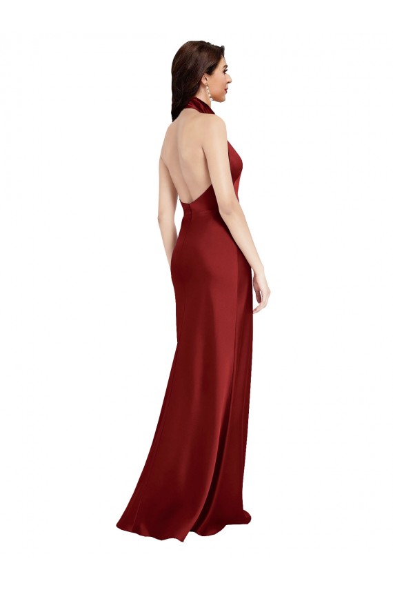 Cheap Backless Halter Long Formal Stretch Satin Bridesmaid Dress / Prom Dress UK
