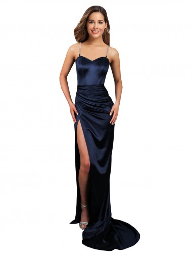 Cheap Pleated Sash Skirt Long Formal Stretch Satin Bridesmaid Dress / Prom Dress with High Slit UK