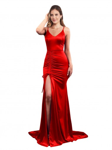 Cheap Long Pleated Formal Stretch Satin Bridesmaid Dress / Prom Dress with High Slit UK
