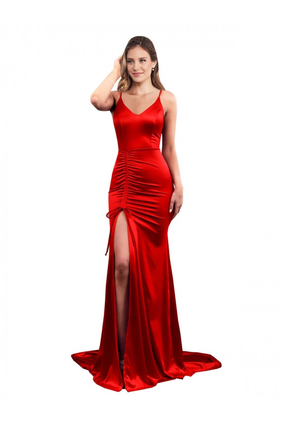 Cheap Long Pleated Formal Stretch Satin Bridesmaid Dress / Prom Dress with High Slit UK