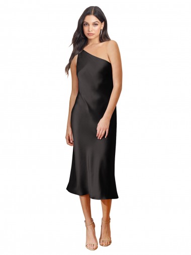Cheap Sleek One Shoulder Midi Length Short Cocktail Formal Stretch Satin Slip Bridesmaid Dress / Prom Dress UK
