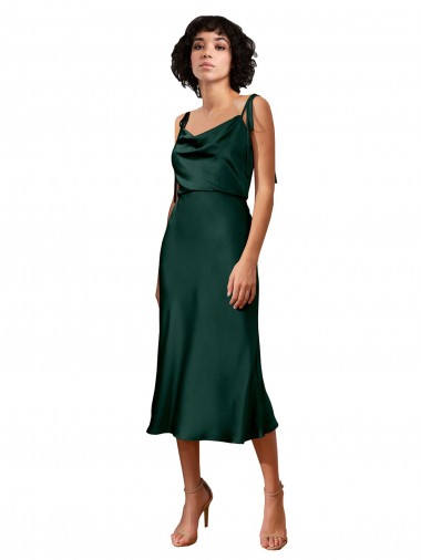 Cheap Spaghetti Straps Tie Shoulders Cowl Neck Short Midi Length Formal Stretch Satin Cocktail Bridesmaid Dress / Prom Dress UK