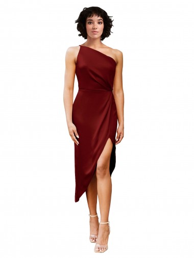 Cheap One Shoulder Cocktail Midi Length Short Formal Stretch Satin Wrap Style Bridesmaid Dress / Prom Dress UK