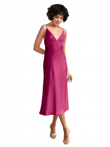 Cheap Midi Length V-Neck Short Formal Stretch Satin Bridesmaid Dress / Cocktail Prom Dress with Low Scoop Back UK