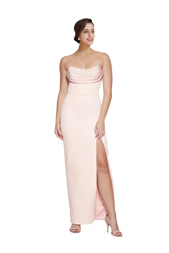 Cheap Cowl Neck Strapless Formal Stretch Satin Bridesmaid Dress / Prom Dress with High Split UK