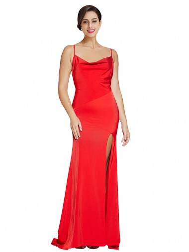 Cheap Low Back Cowl Neck Formal Stretch Satin Bridesmaid Dress / Prom Dress with High Side Slit UK