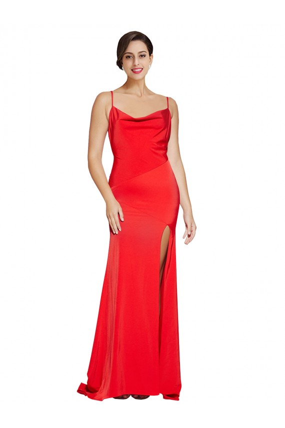 Cheap Low Back Cowl Neck Formal Stretch Satin Bridesmaid Dress / Prom Dress with High Side Slit UK