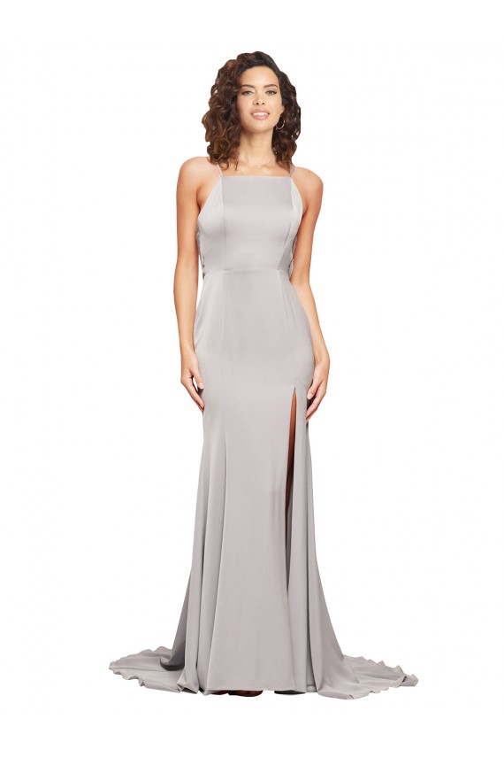 Cheap High Neck Low Back Long Full Length Formal Stretch Satin Bridesmaid Dress / Prom Dress UK