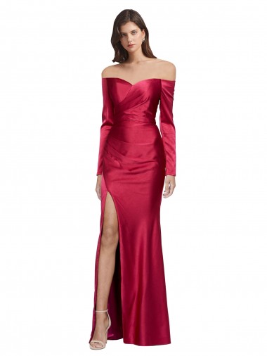 Cheap Long Sleeves Off the Shoulder Formal Stretch Satin Bridesmaid Dress / Prom Dress with High Side Split UK