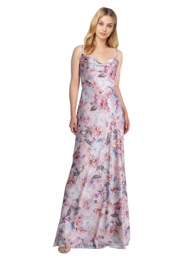 Cheap Draped Cowl Neck Long Printed Formal Stretch Satin Bridesmaid Dress UK