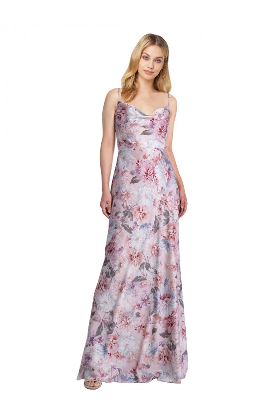 Cheap Draped Cowl Neck Long Printed Formal Stretch Satin Bridesmaid Dress UK