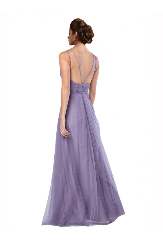 Cheap Flowy A-Line Tulle Bridesmaid Dress with Double Straps and V-Neck UK