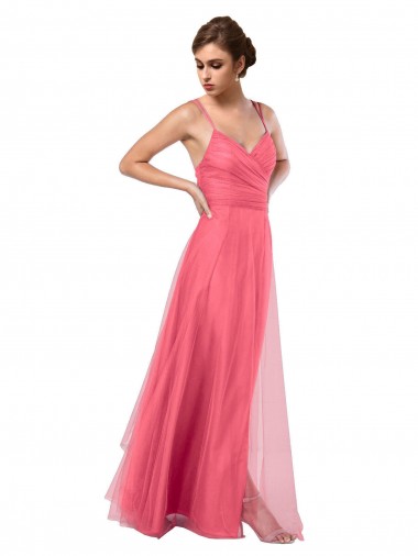 Cheap Flowy A-Line Tulle Bridesmaid Dress with Double Straps and V-Neck UK