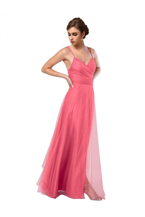 Cheap Flowy A-Line Tulle Bridesmaid Dress with Double Straps and V-Neck UK