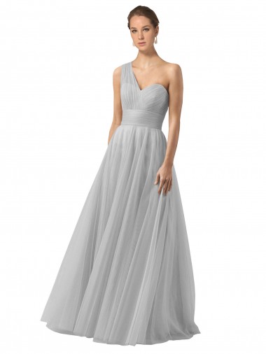Cheap Floor Length Tulle Bridesmaid Dress with Shirred One Shoulder Bodice UK