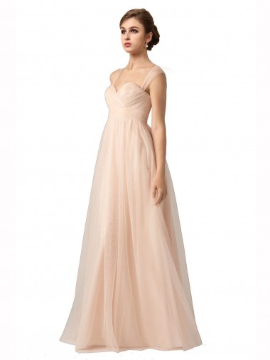 Cheap Illusion Sleeves Tulle Bridesmaid Dress with Shirred Bodice and Sweetheart Neckline UK