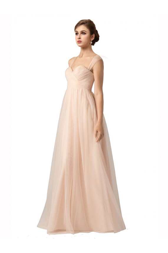 Cheap Illusion Sleeves Tulle Bridesmaid Dress with Shirred Bodice and Sweetheart Neckline UK