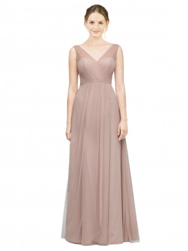 Cheap Full Length Draped Long V-Neck Tulle Bridesmaid Dress UK