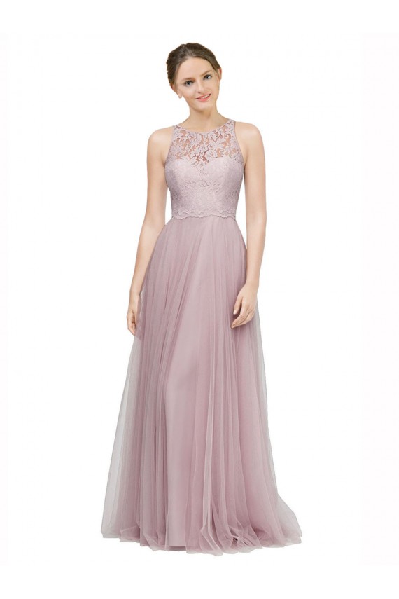 Cheap High Neck Long Tulle Bridesmaid Dress with Lace Bodice UK