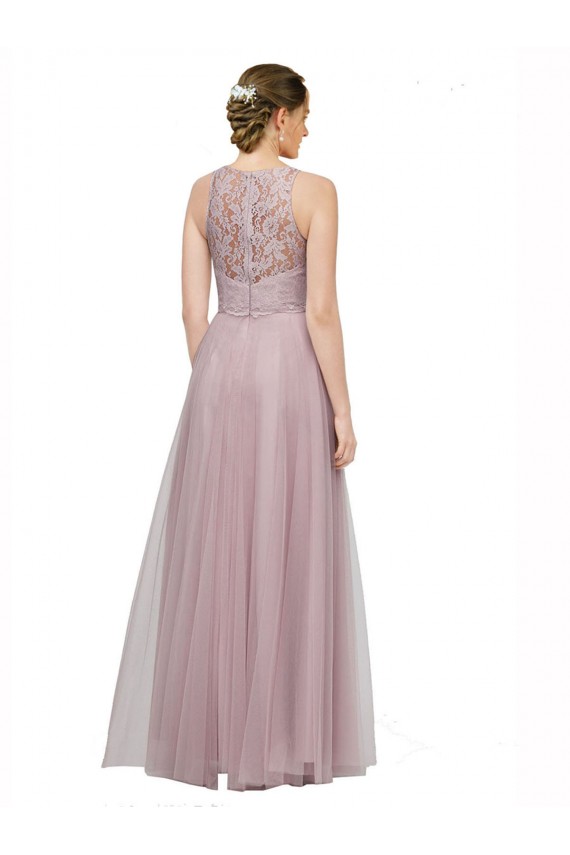 Cheap High Neck Long Tulle Bridesmaid Dress with Lace Bodice UK