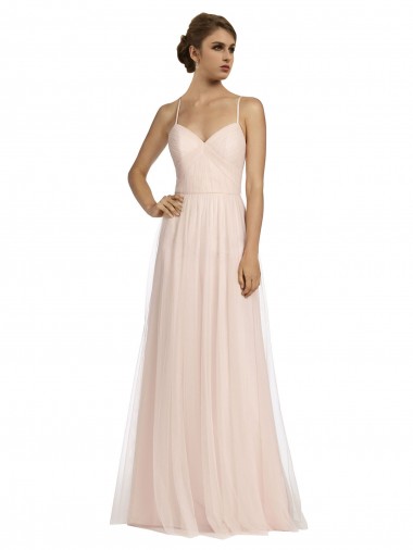 Cheap Long Draped Back A-Line Tulle Bridesmaid Dress with Pleated Bodice UK