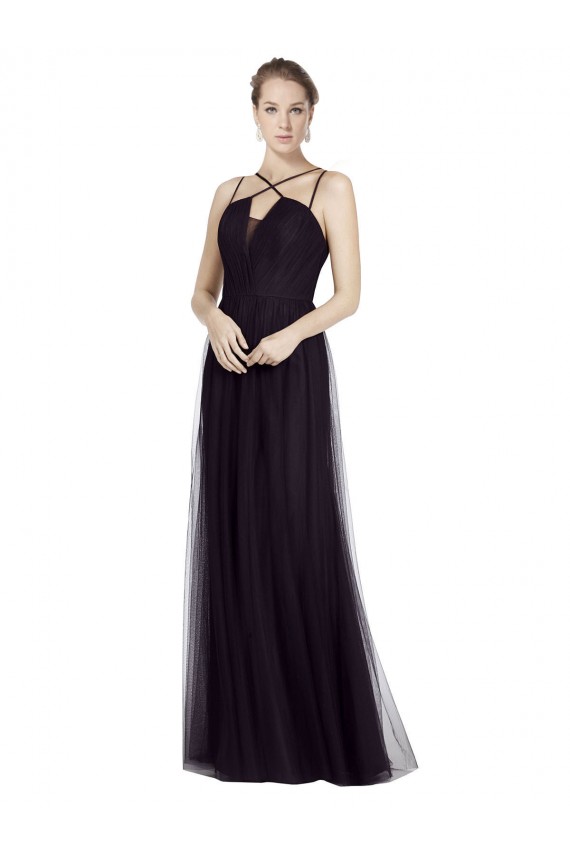 Cheap High Neck Long A-Line Tulle Bridesmaid Dress UK
